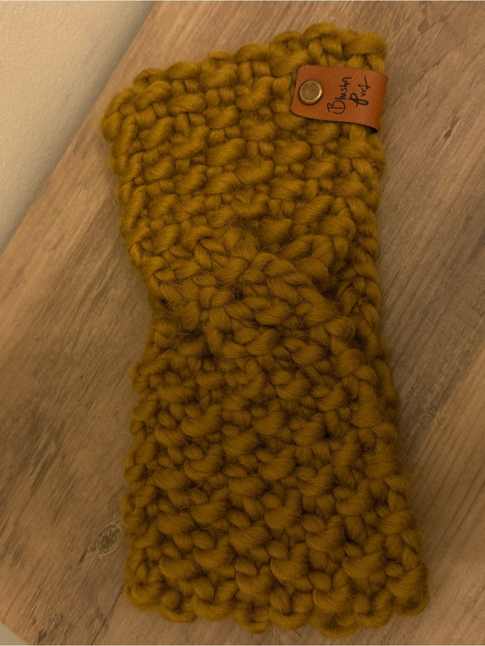 Blushnpurl Handmade Mustard Knit headband Leather Tag made with Peruvian wool